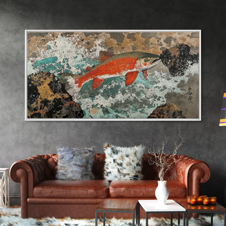 Red River Fish Among Rocks Framed Canvas Print, Japanese Gyotaku Wall Art, Nautical Wildlife Decor, Angler Lake House Gift