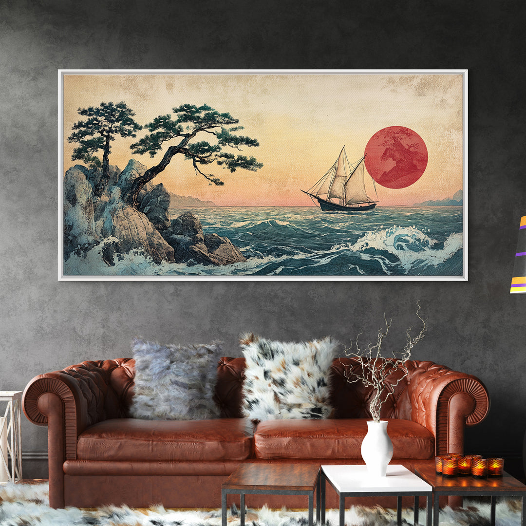 Japanese Sailboat And Red Sun Canvas Print, Coastal Wall Art, Ukiyo E Style Ocean Decor, Asian Inspired Art, Home Decor, Travel Poster