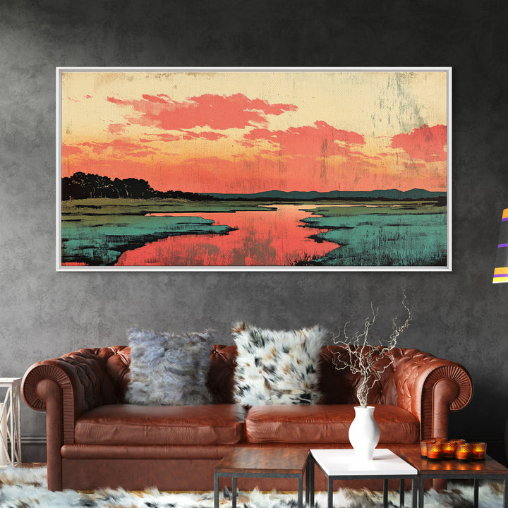 Coral Sunset Marsh Landscape Wall Art, Abstract Landscape Print, Teal Living Room Decor, Modern Coastal Home Decor, Large Wall Art