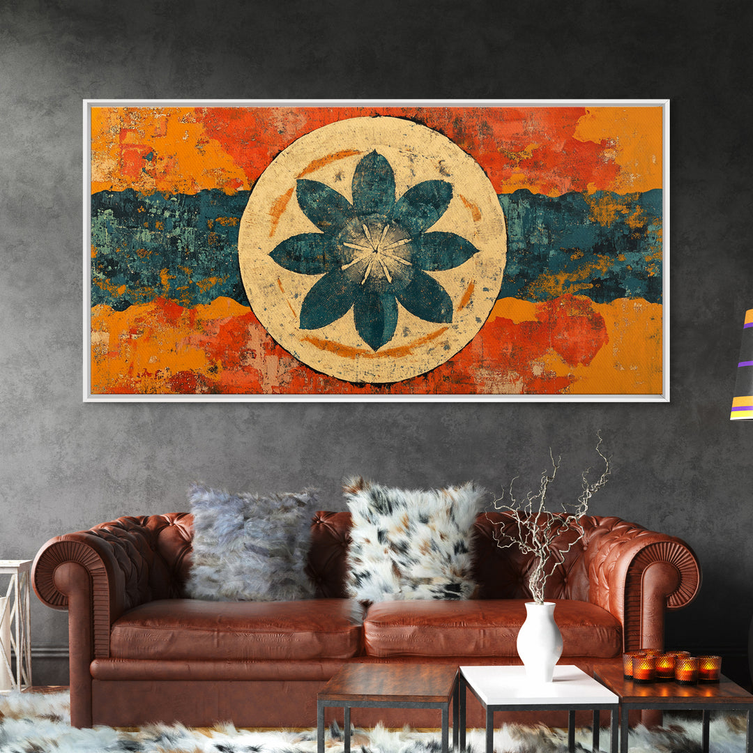 Teal Lotus Flower Circle Wall Art, Retro Abstract Canvas Print, Mid Century Modern Decor, Orange Blue Zen Home Decor, Statement Artwork