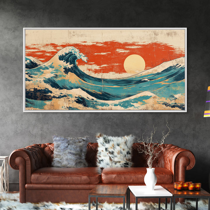 Japanese Great Wave Canvas Print, Red Sunset Ocean Wall Art, Ukiyo E Inspired Seascape, Coastal Living Room Decor, Home Decor