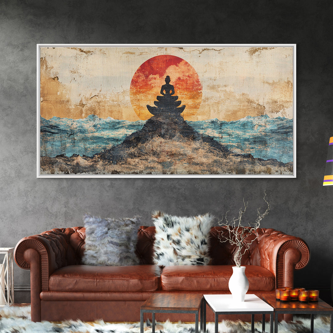Buddha Meditation On Ocean Rocks Wall Art, Zen Canvas Print, Spiritual Decor, Mindfulness Art, Yoga Room Wall Decor, Calming Wall Art
