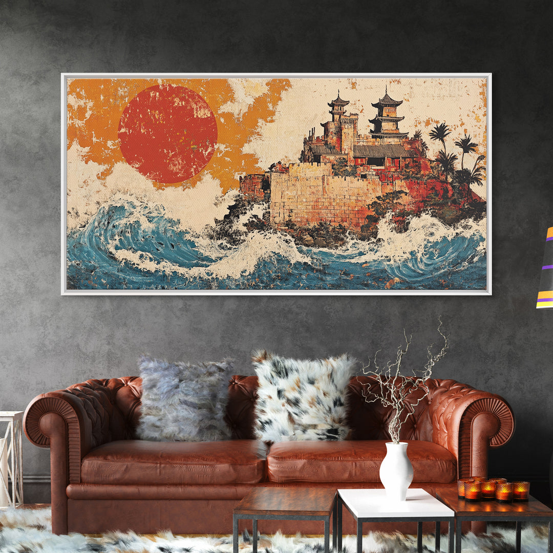 Asian Coastal Castle With Red Sun Canvas Print, Japanese Wall Art, Ocean Waves, Travel Poster, Statement Home Decor, Large Wall Art