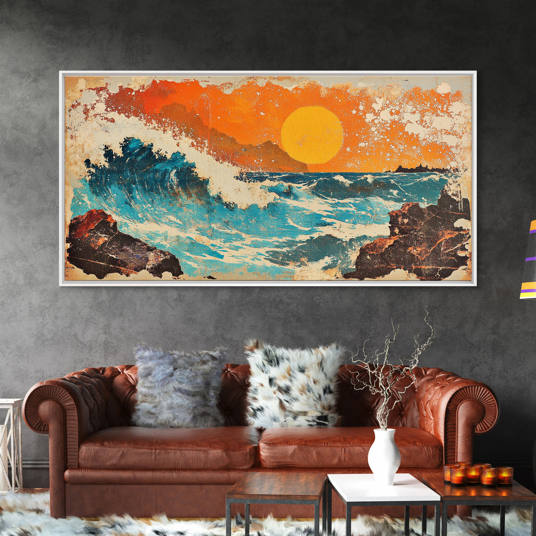 Rocky Ocean Sunset Wave Wall Art, Abstract Seascape Canvas Print, Coastal Living Room Decor, Beach House Home Decor, Large Wall Art