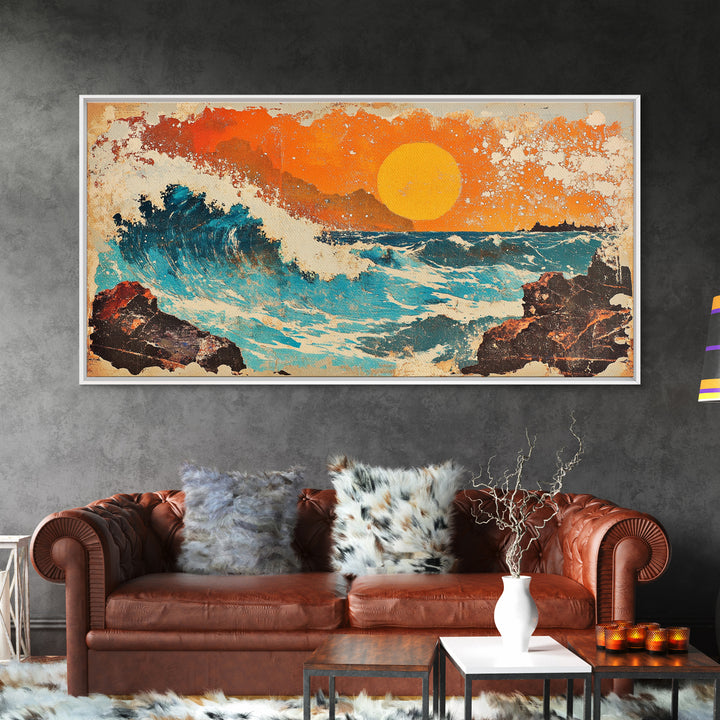 Rocky Ocean Sunset Wave Wall Art, Abstract Seascape Canvas Print, Coastal Living Room Decor, Beach House Home Decor, Large Wall Art
