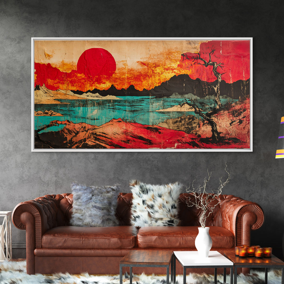 Red Sun Mountain Lake Wall Art, Japanese Sunset Landscape Canvas Print, Bold Desert Decor, Modern Living Room Statement Art