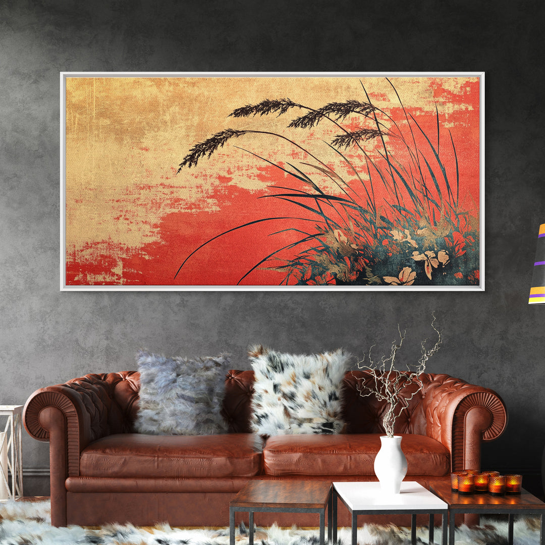 Red Sunset Grassland Wall Art, Botanical Landscape Canvas Print, Rustic Nature Decor, Warm Earth Tone Modern Living Room Art