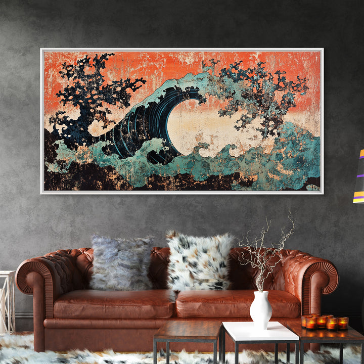 Dramatic Japanese Wave Wall Art, Modern Abstract Ocean Canvas Print, Coastal Seascape Decor, Bold Living Room Statement Art