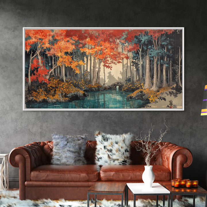 Autumn Forest River Wall Art, Japanese Landscape Canvas Print, Moody Woodland Decor, Large Living Room Wall Decor, Above Sofa Art
