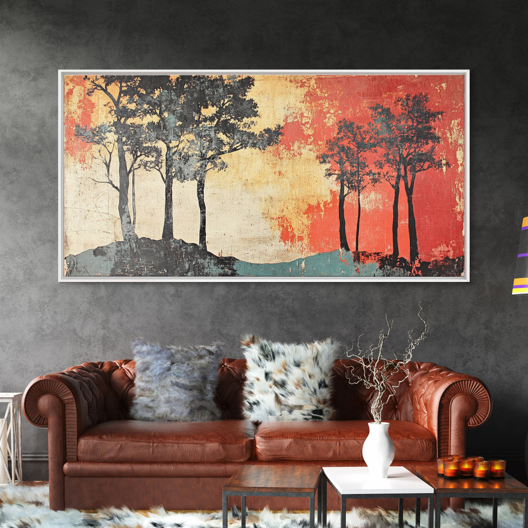 Silhouette Trees With Red Sky Wall Art, Abstract Landscape Canvas Print, Modern Rustic Decor, Wide Horizontal Wall Art Print