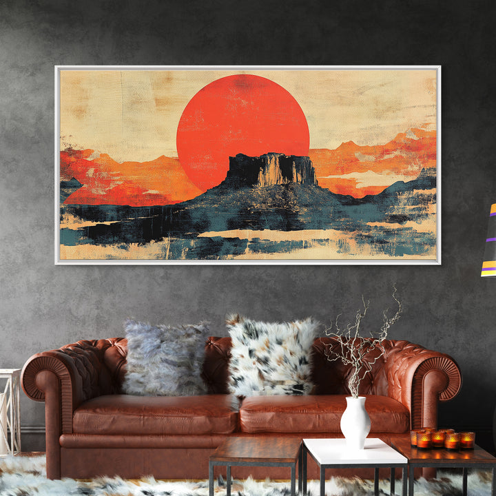 Desert Mesa Red Sun Wall Art, Southwestern Landscape Canvas Print, Modern Western Decor, Large Horizontal Living Room Art