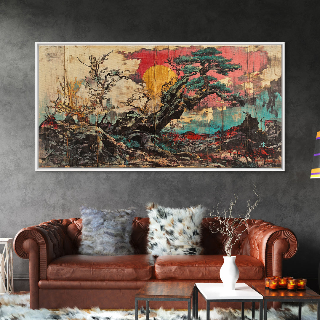 Ancient Pine Tree Sunset Over Misty Rocks Wall Art, Japanese Landscape Print, Zen Nature Decor For Calm Living Room Decor, Home Decor