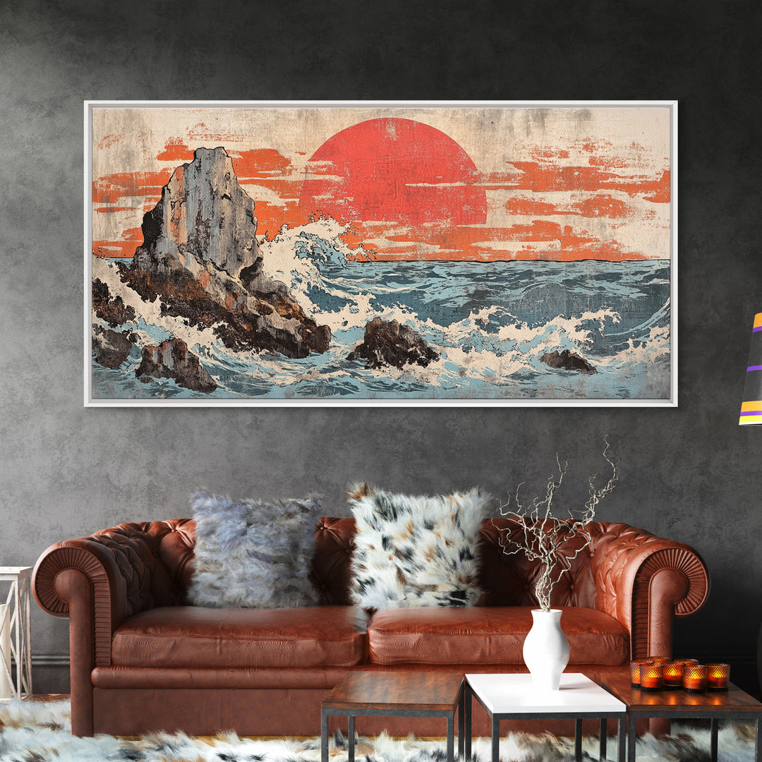 Rocky Ocean Cliffs With Red Sun And Crashing Waves Canvas Print, Japanese Coastal Wall Decor, Large Seascape Art, Living Room Wall Art