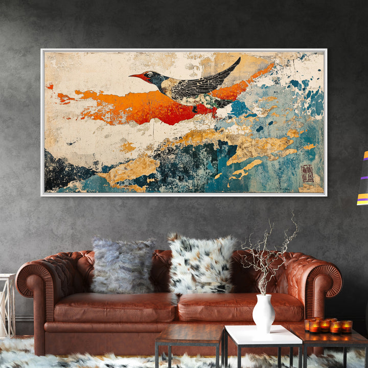 Black And White Bird In Orange Blue Abstract Sky Wall Art, Japanese Nature Print, Whimsical Animal Decor For Home Decor