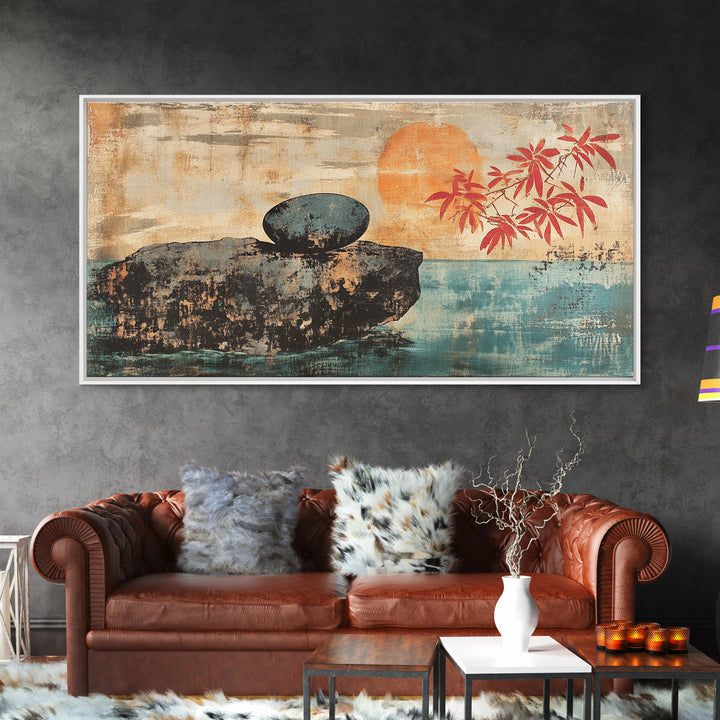 Zen Stone On Sea Cliff At Sunset Canvas Print, Japanese Minimalist Wall Art, Calm Coastal Decor, Spa Home Decor, Living Room Art