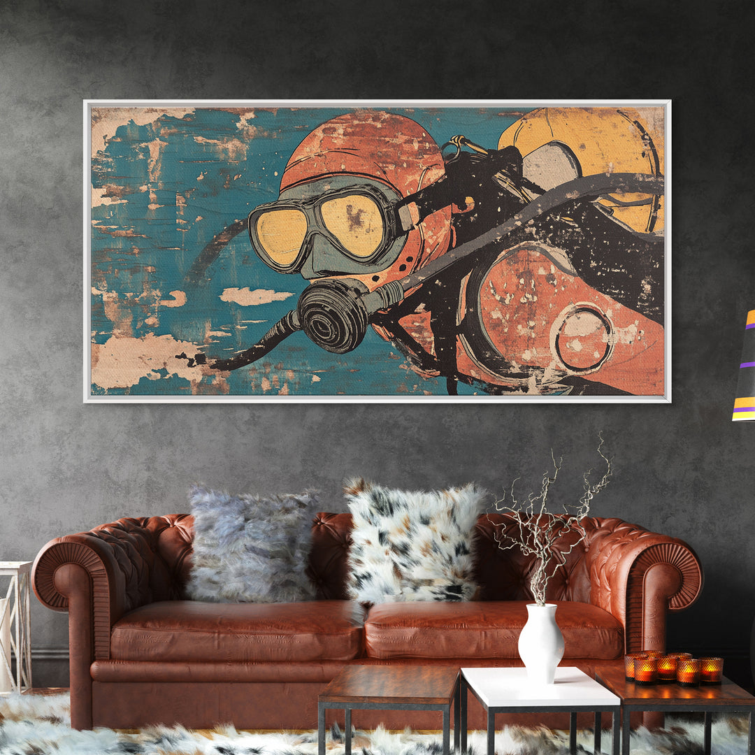 Retro Scuba Mask And Diving Gear Wall Art, Ocean Adventure Print, Nautical Man Cave Decor, Coastal Bathroom Decor, Gift For Him
