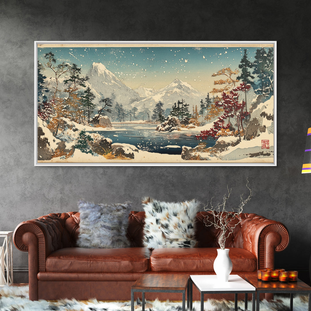 Snowy Mountain Lake With Pines And Falling Snow Wall Art, Winter Landscape Print, Japanese Nature Decor For Cabin Home Decor