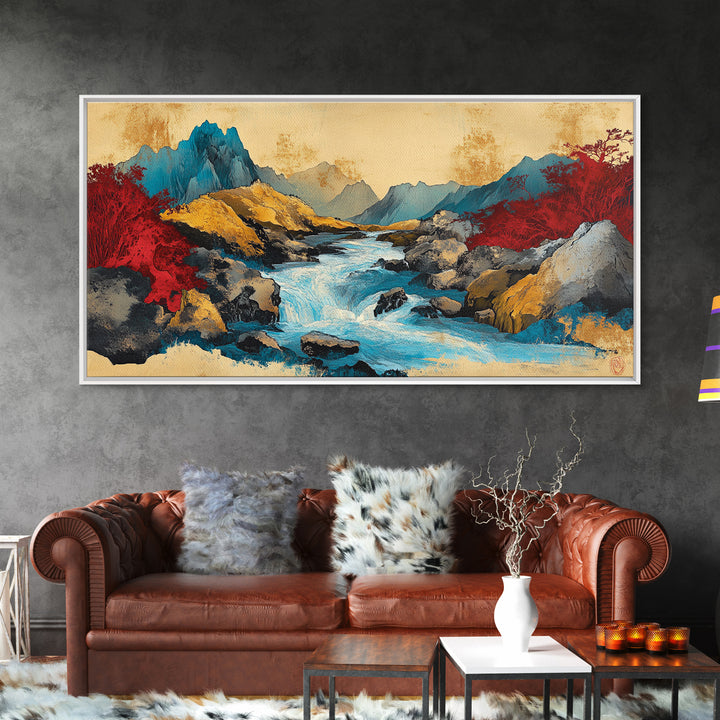 Turquoise Mountain River And Red Autumn Trees Wall Art, Panoramic Landscape Canvas, Modern Nature Decor, Living Room Print