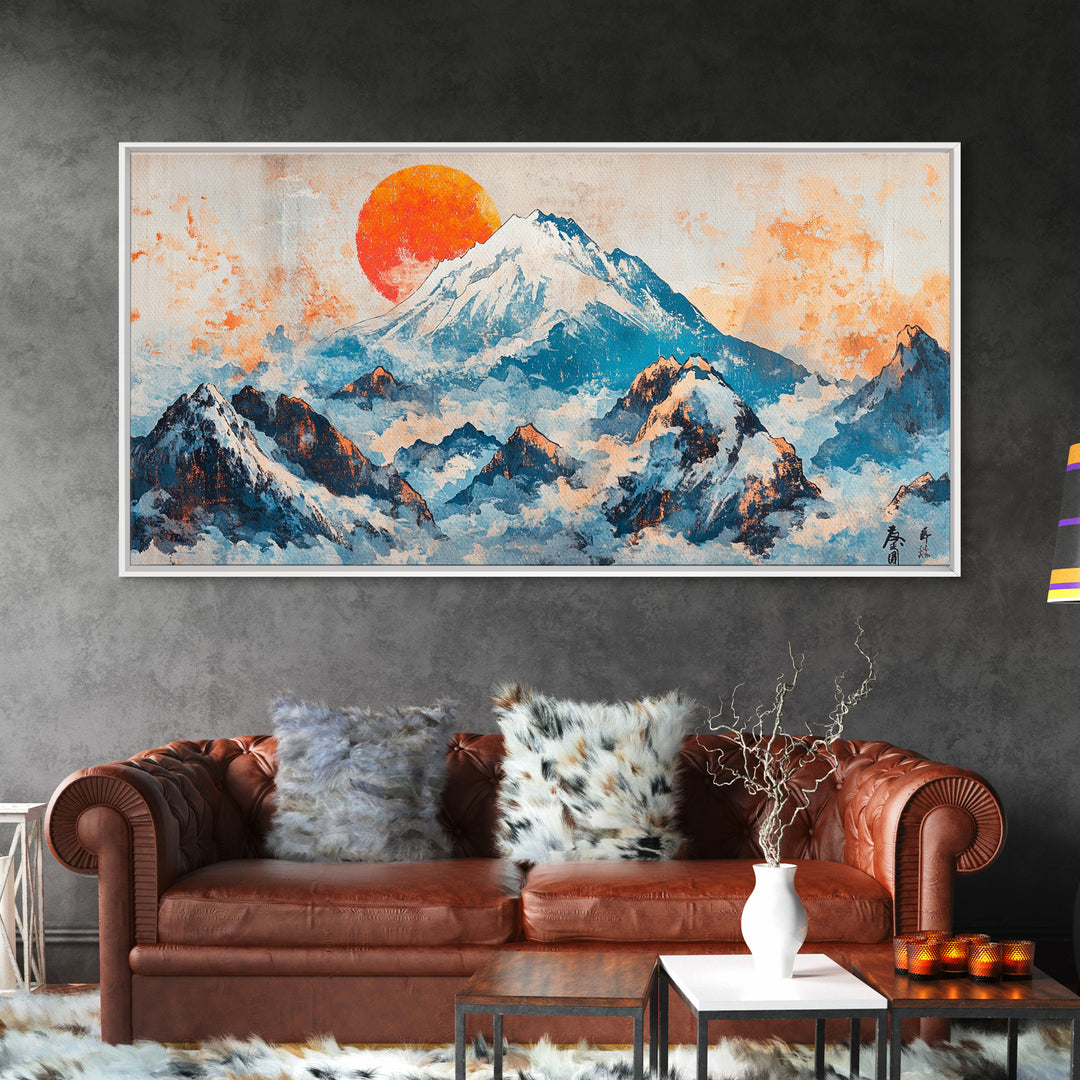 Snowy Blue Mountains And Rising Orange Sun Framed Canvas Print, Japanese Landscape Wall Art, Large Modern Living Room Decor