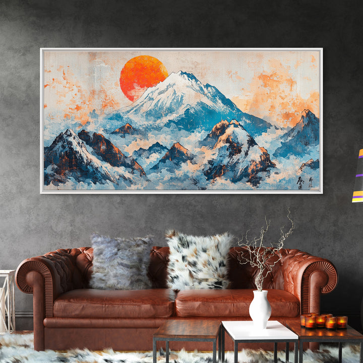 Snowy Blue Mountains And Rising Orange Sun Framed Canvas Print, Japanese Landscape Wall Art, Large Modern Living Room Decor