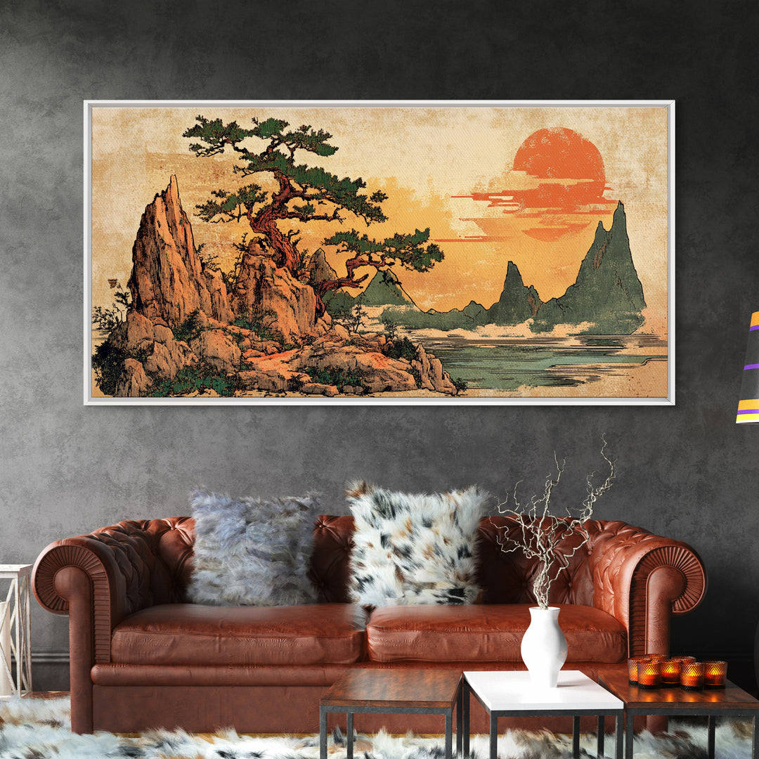 Twisted Pine On Rocky Coast At Sunset Canvas Print, Japanese Landscape Wall Art, Modern Coastal Japandi Living Room Decor