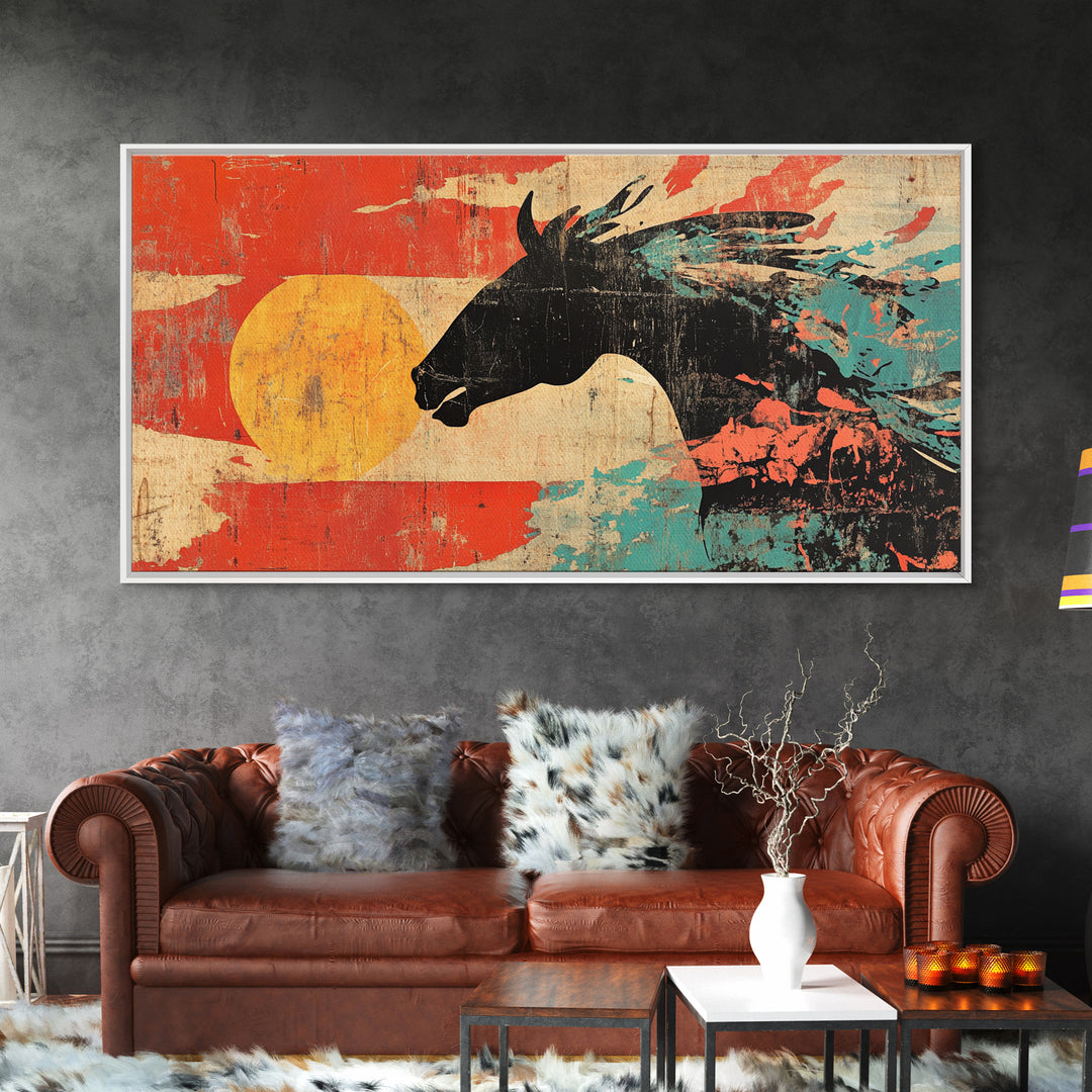 Black Wild Horse Silhouette With Red Sun Wall Art, Western Abstract Canvas Print, Rustic Cowboy Decor For Living Room Gift