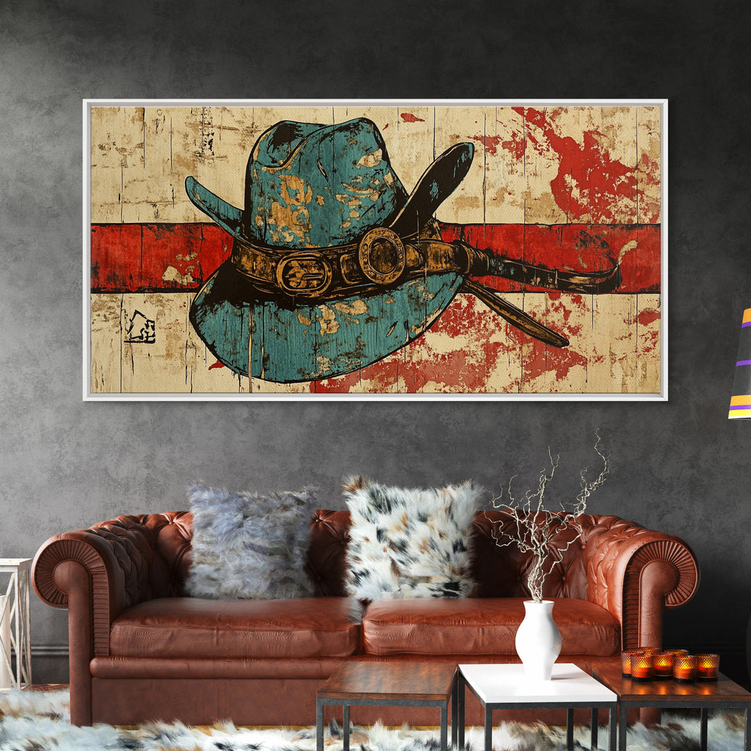 Turquoise Cowboy Hat And Lasso On Rustic Wood Wall Art, Western Canvas Print, Ranch Living Room Decor, Gift For Horse Lover