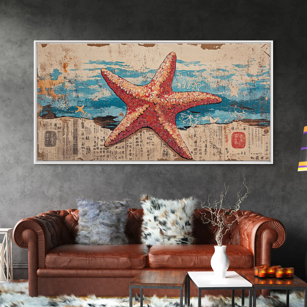 Pink Starfish On Weathered Ocean Pages Wall Art, Coastal Canvas Print, Beach House Living Room Decor, Nautical Bathroom Art