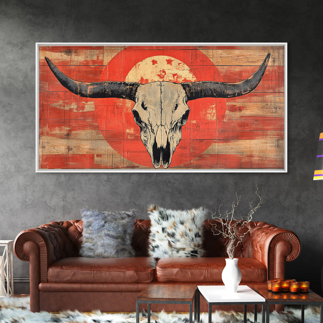 Longhorn Skull On Distressed Red Wood Wall Art, Western Framed Canvas Print, Rustic Cowboy Ranch Home Decor For Living Room