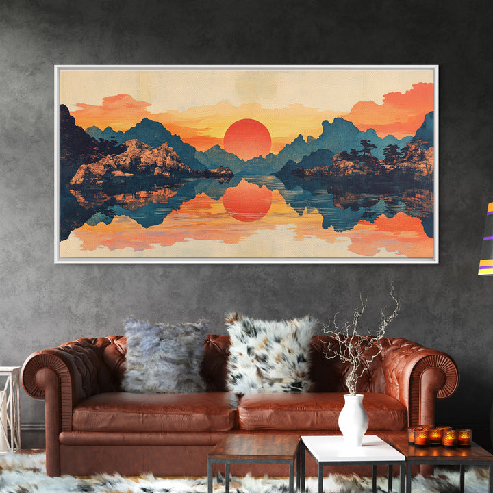 Red Sun Mountain Lake Reflection Wall Art, Japanese Landscape Print, Panoramic Canvas, Serene Living Room Decor, Above Sofa Decor