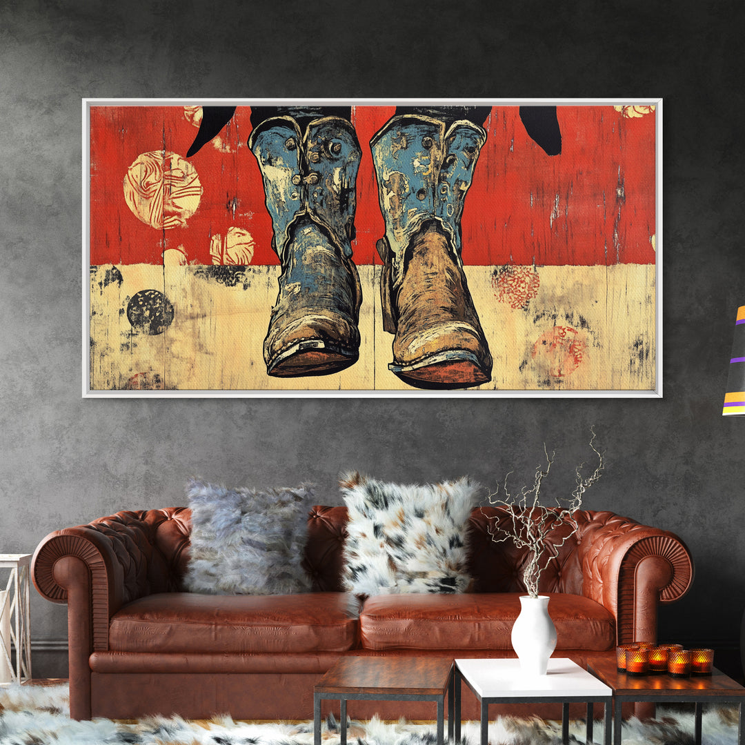 Weathered Cowboy Boots Wall Art, Rustic Western Canvas Print, Cowgirl Decor, Ranch House Living Room Wall Decor Gift For Him