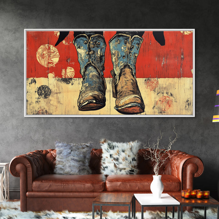 Weathered Cowboy Boots Wall Art, Rustic Western Canvas Print, Cowgirl Decor, Ranch House Living Room Wall Decor Gift For Him