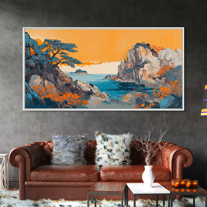 Orange Sky Rocky Coast Canvas Print, Japanese Seascape Wall Art, Coastal Landscape, Beach House Living Room Decor, Above Sofa Decor