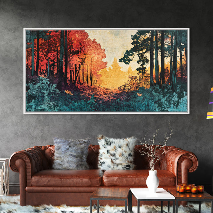 Autumn Forest Path Wall Art, Moody Landscape Canvas Print, Red Trees Nature Decor, Rustic Cabin Living Room Wall Decor Gift