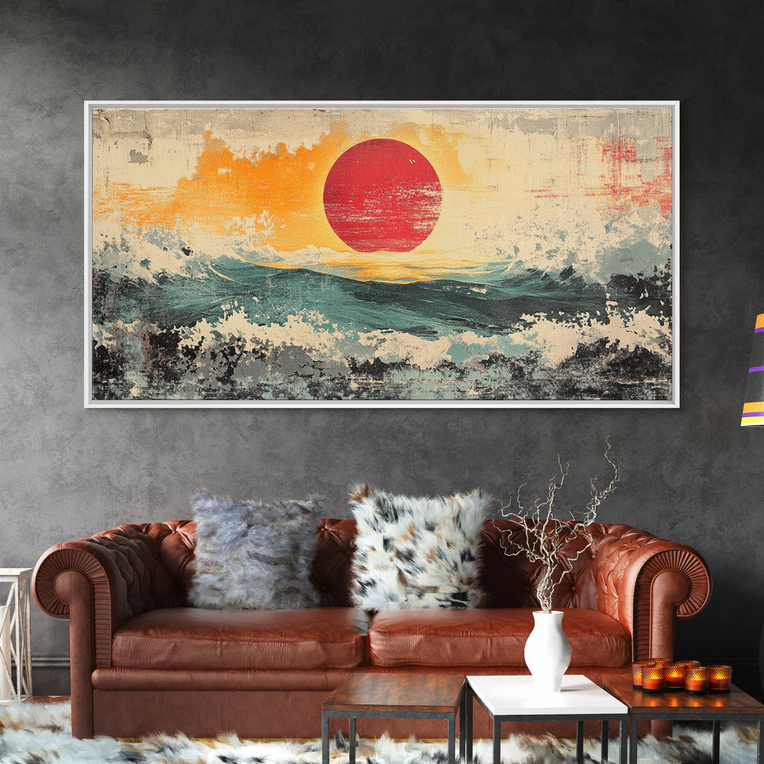 Abstract Red Sun Seascape Wall Art, Ocean Wave Canvas Print, Coastal Modern Decor, Large Living Room Wall Decor, Above Sofa Decor