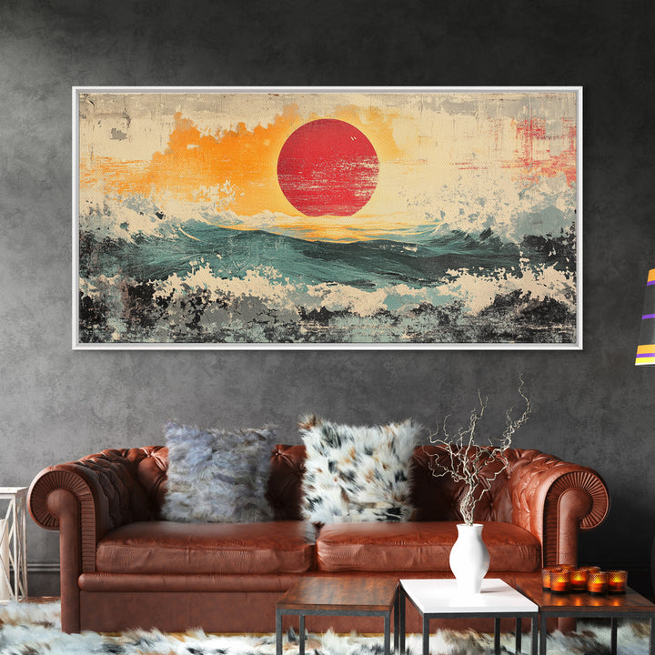 Abstract Red Sun Seascape Wall Art, Ocean Wave Canvas Print, Coastal Modern Decor, Large Living Room Wall Decor, Above Sofa Decor