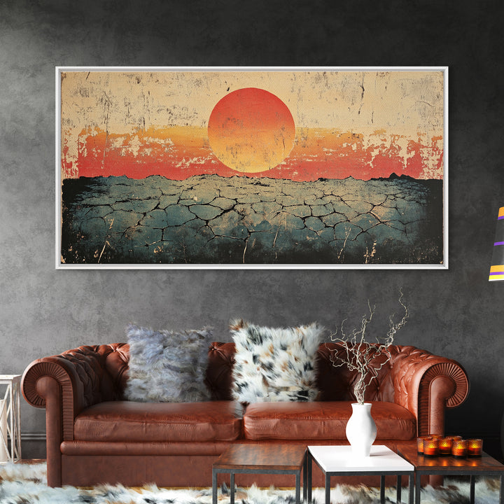 Cracked Desert Red Sun Wall Art, Southwestern Canvas Print, Minimal Landscape, Earth Tone Modern Living Room Decor, Housewarming Gift