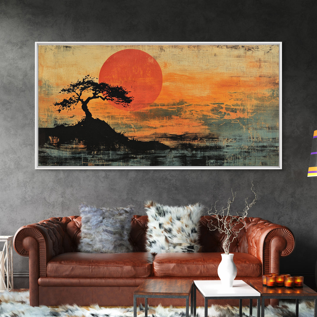 Solitary Tree Sunset Wall Art, Japanese Landscape Print, Moody Orange Coastal Decor, Panoramic Canvas Print For Living Room
