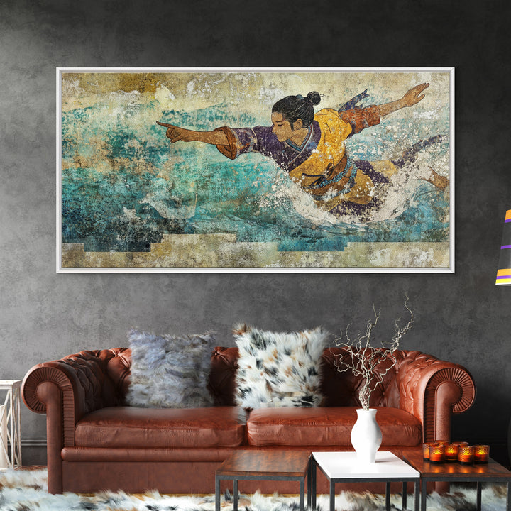 Japanese Warrior Swimming In Turquoise Waves Canvas Print, Asian Inspired Wall Decor, Martial Arts Gift, Coastal Home Decor