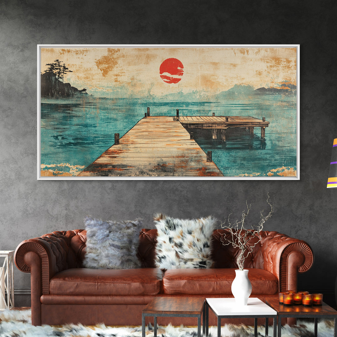 Quiet Dock On Misty Lake Wall Art, Japanese Red Sun Landscape Print, Coastal Cabin Decor, Serene Living Room Art, Housewarming Gift