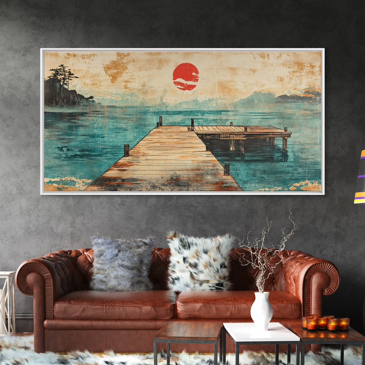 Quiet Dock On Misty Lake Wall Art, Japanese Red Sun Landscape Print, Coastal Cabin Decor, Serene Living Room Art, Housewarming Gift