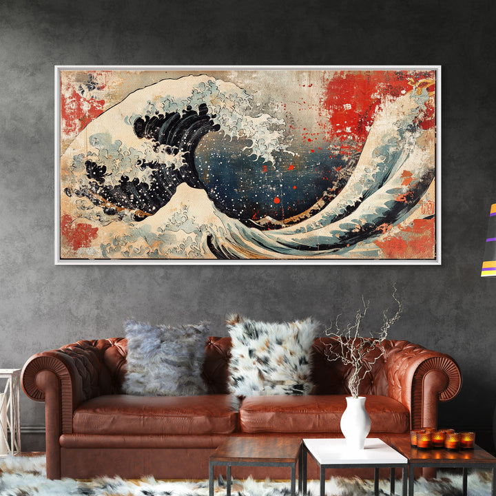 Great Wave With Red Sun Canvas Print, Japanese Ocean Wall Art, Hokusai Inspired Seascape, Coastal Living Room Decor Gift