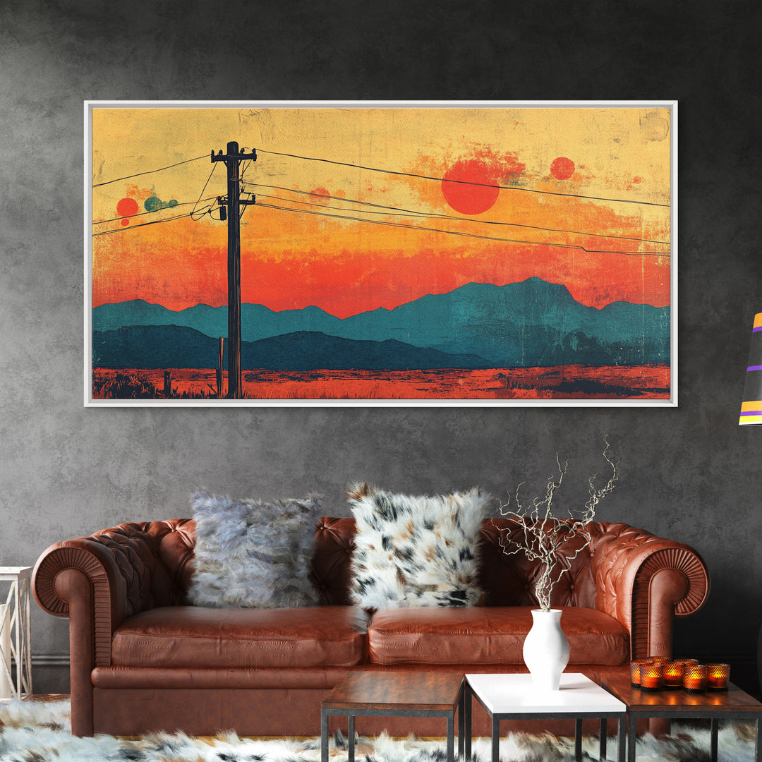 Telephone Poles At Orange Desert Sunset Wall Art, Retro Japanese Landscape Print, Mountain Decor, Mid Century Canvas Print