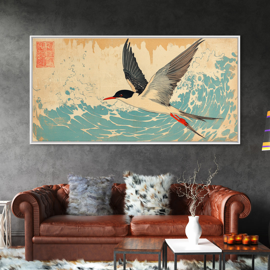 Elegant Tern Flying Over Teal Waves Wall Art, Japanese Bird Art Print, Coastal Nature Decor, Wildlife Canvas Print Gift For Her