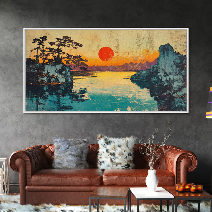 Red Sun Lake Between Pine Cliffs Wall Art, Japanese Landscape Canvas Print, Serene Nature Decor, Coastal Living Room Gift