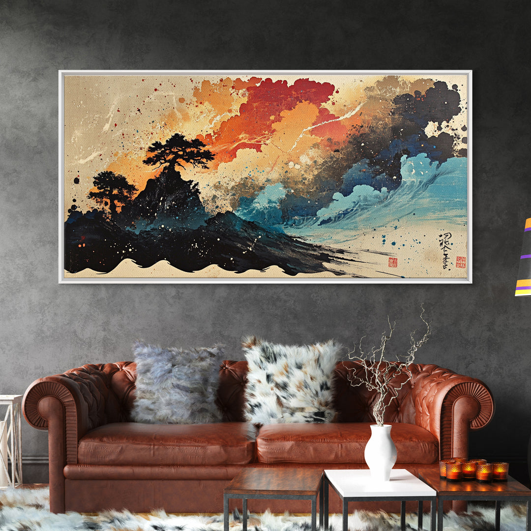 Stormy Island Waves And Red Clouds Wall Art, Japanese Ink Seascape Print, Moody Coastal Decor, Dramatic Canvas Print Gift