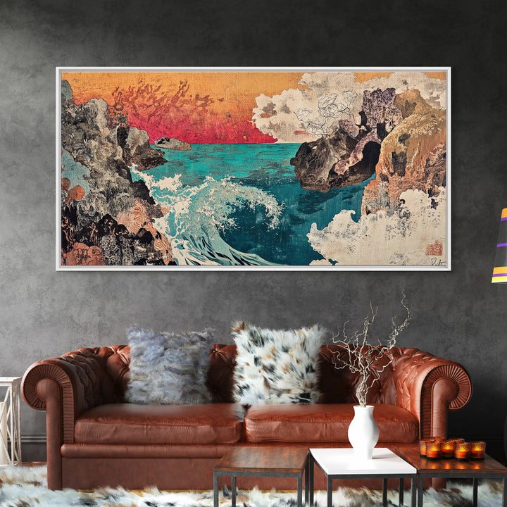 Rocky Cove With Turquoise Surf Wall Art, Japanese Coastal Seascape Print, Ocean Landscape Decor, Large Canvas Print Gift