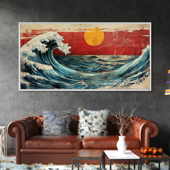 Rolling Ocean Wave Under Yellow Sun Canvas Print, Japanese Seascape Wall Art, Coastal Living Room Decor, Beach House Gift