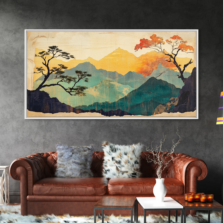 Golden Mountain Sunrise With Autumn Trees Wall Art, Japandi Landscape Canvas Print, Nature Decor For Calm Living Room And Bedroom Decor