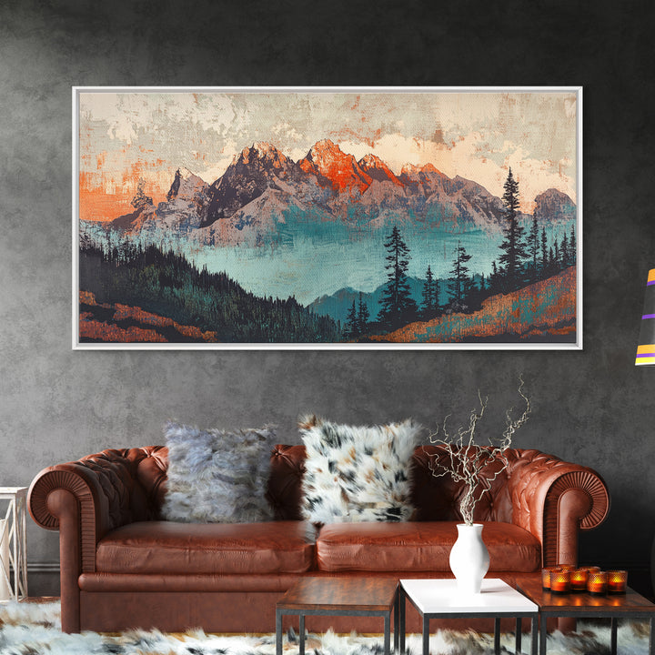 Snowy Mountain Peaks And Pine Forest Wall Art, Rustic Landscape Framed Canvas Print, Large Nature Decor For Living Room Art